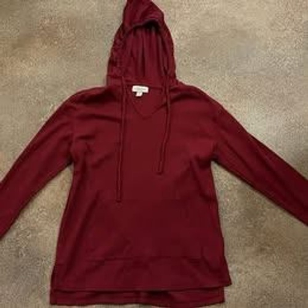 New Style & Co Maroon Waffle Knit Lightweight V-Neck Hoodie Shirt Women Petite S